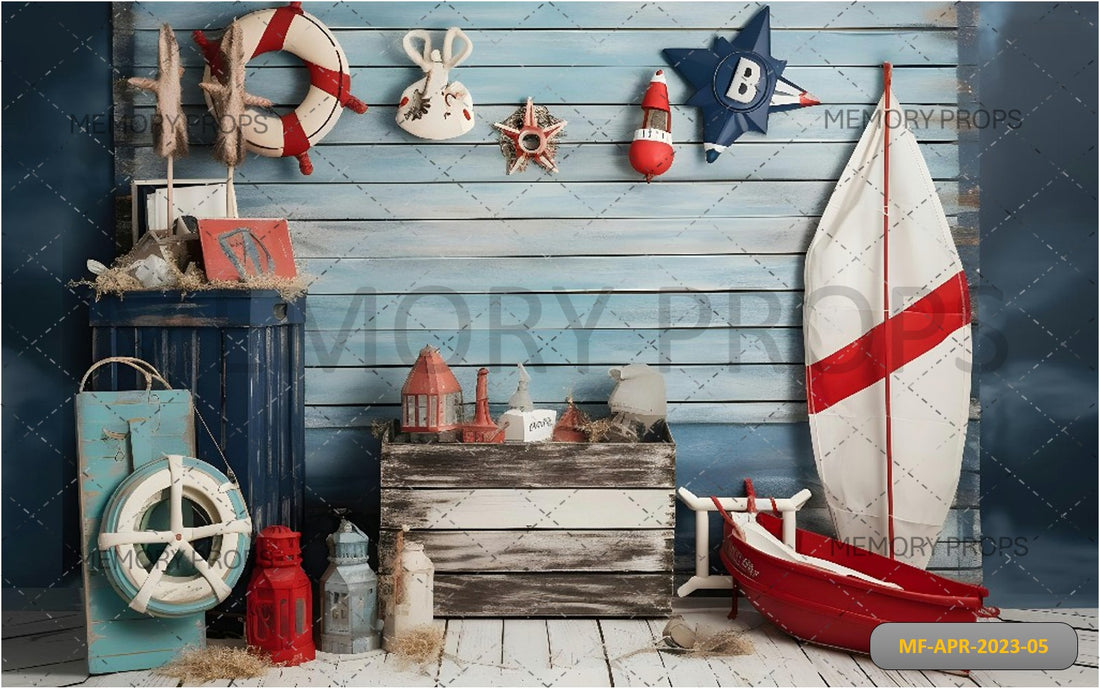 A BLUE WALL WITH A BOAT + WHITE WOOD  BACKDROPS