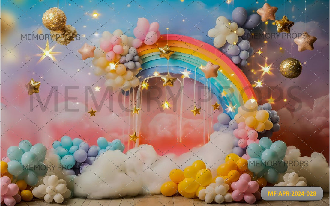 RAINBOW CLOUD AND COLOURFUL BALLONS + WOODEN BACKDROPS