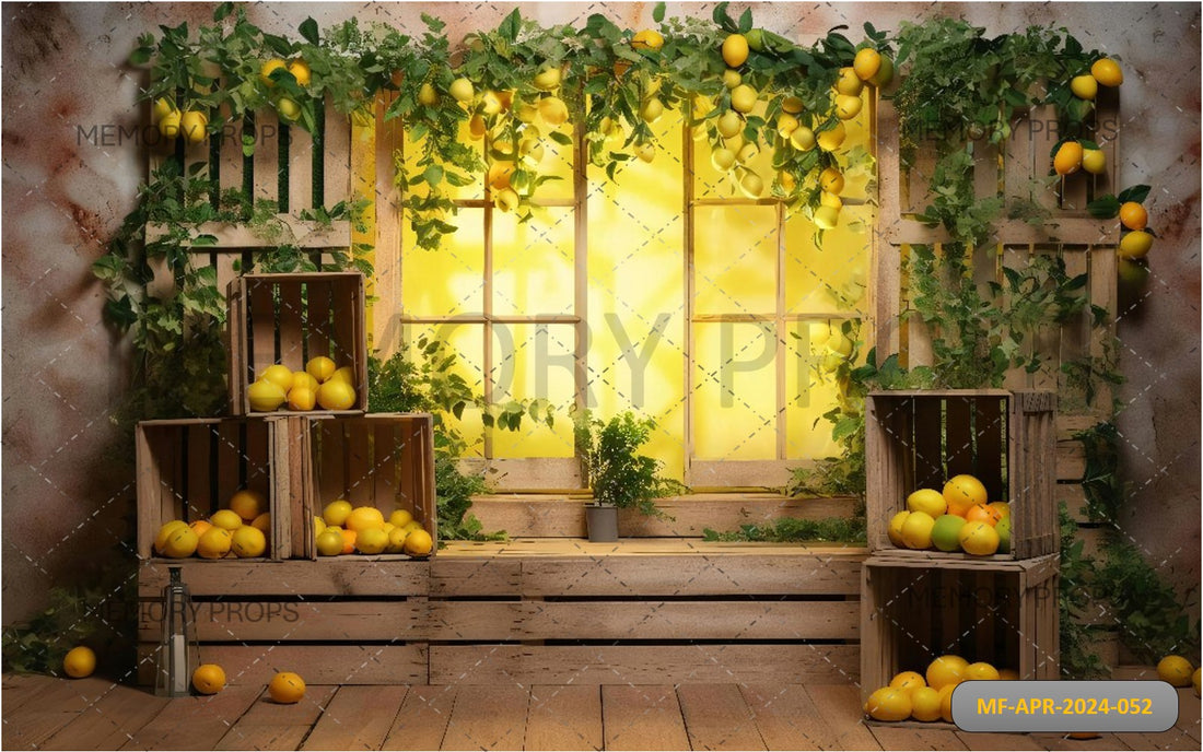 A WINDOW WITH A BUNCH OF LEMONS ON IT+ DARK BROWN WOODEN BACKDROPS