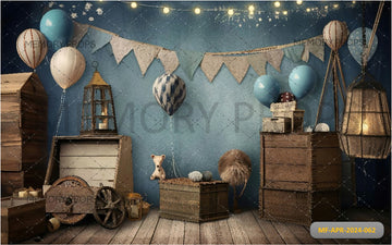 MONOCHROMATIC BLUE HOT AIR BALLOON AND WOODEN BOX- BABY PRINTED BACKDROPS