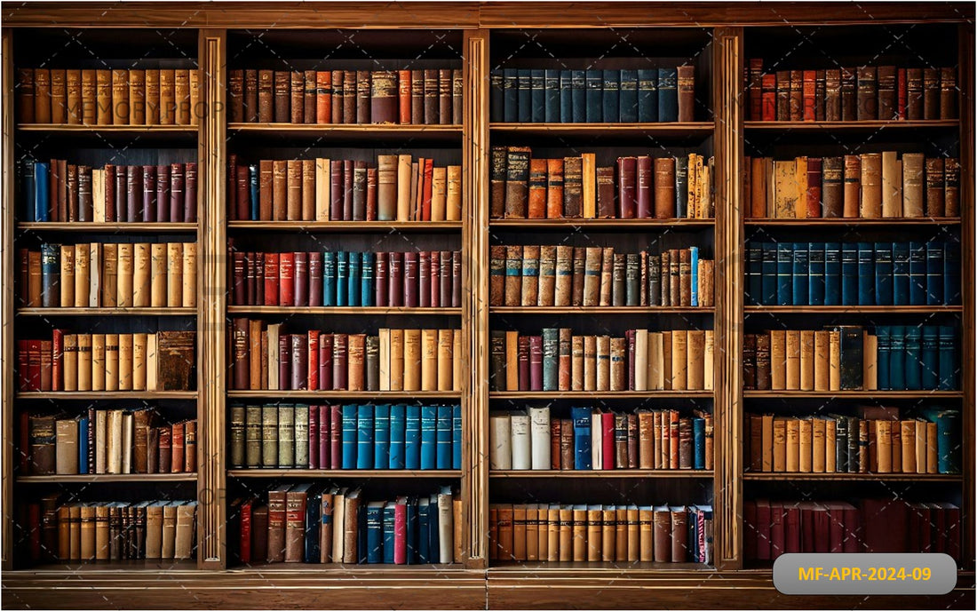 LIBRARY SHELVES AND BOOKS + WOODEN TEXTURE BACKDROPS