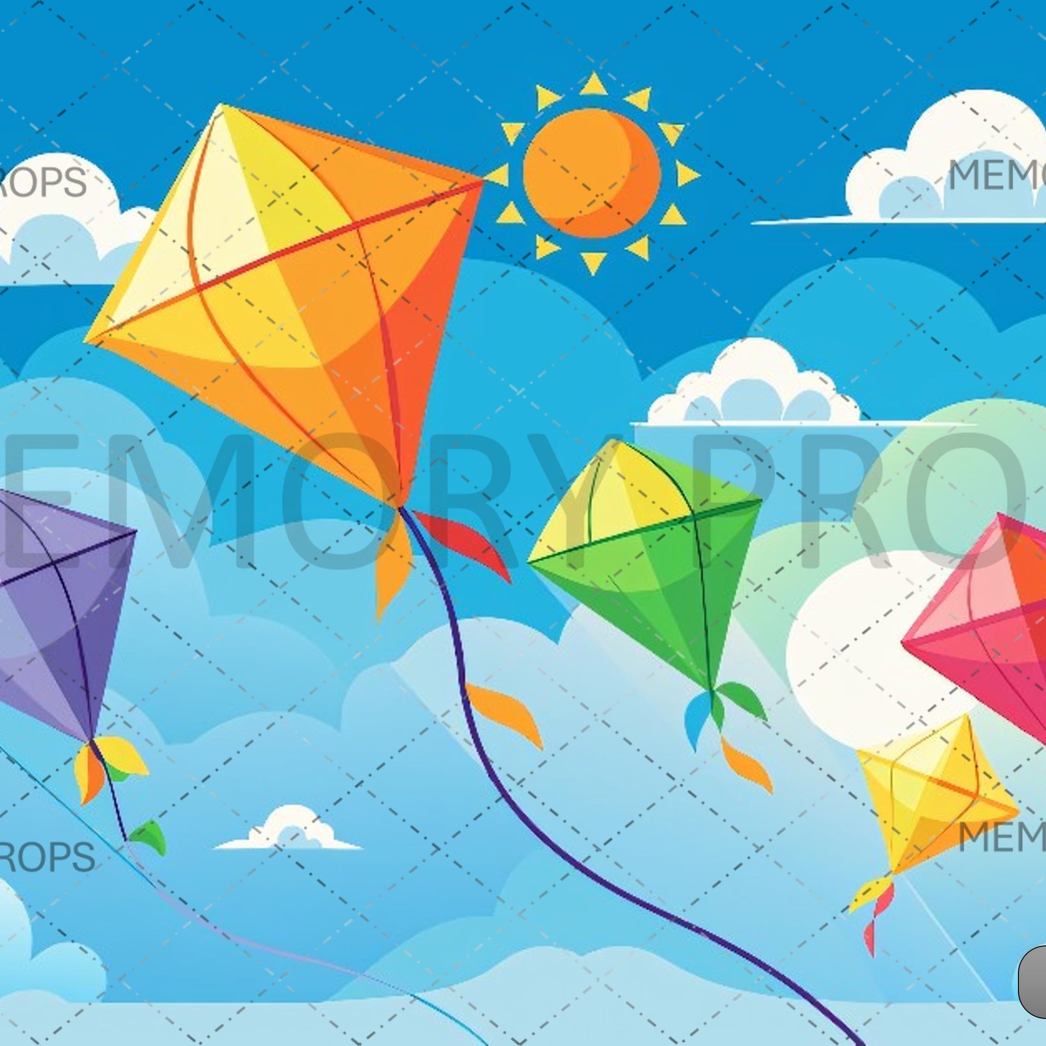 COLOURFUL KITES SOARING AGAINST BLUE SKY - PRINTED BACKDROPS