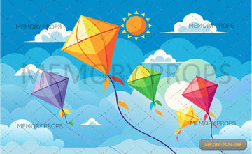 COLOURFUL KITES SOARING AGAINST BLUE SKY - PRINTED BACKDROPS