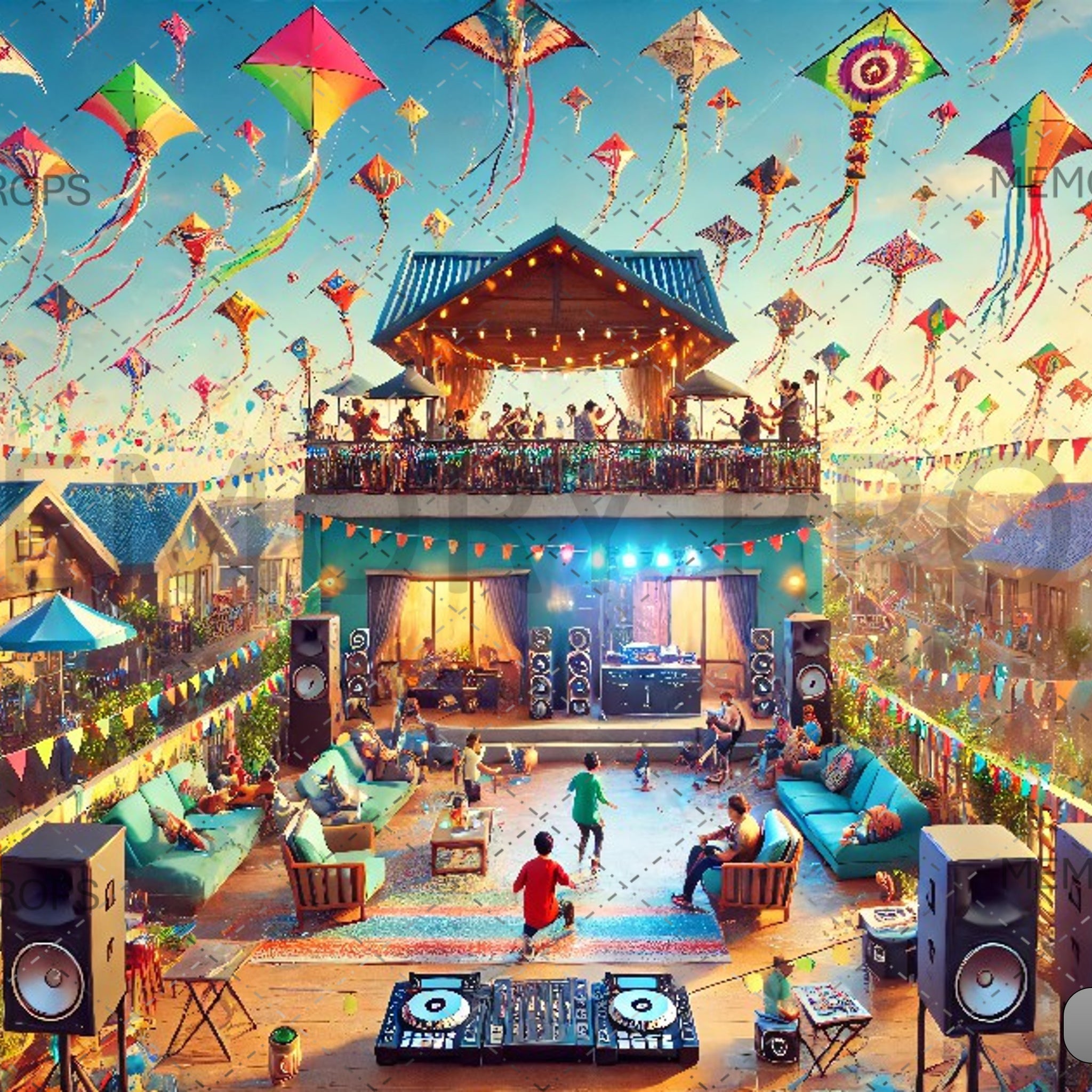 VIBRANT STREET FESTIVAL WITH KITES AND MUSIC - PRINTED BACKDROPS