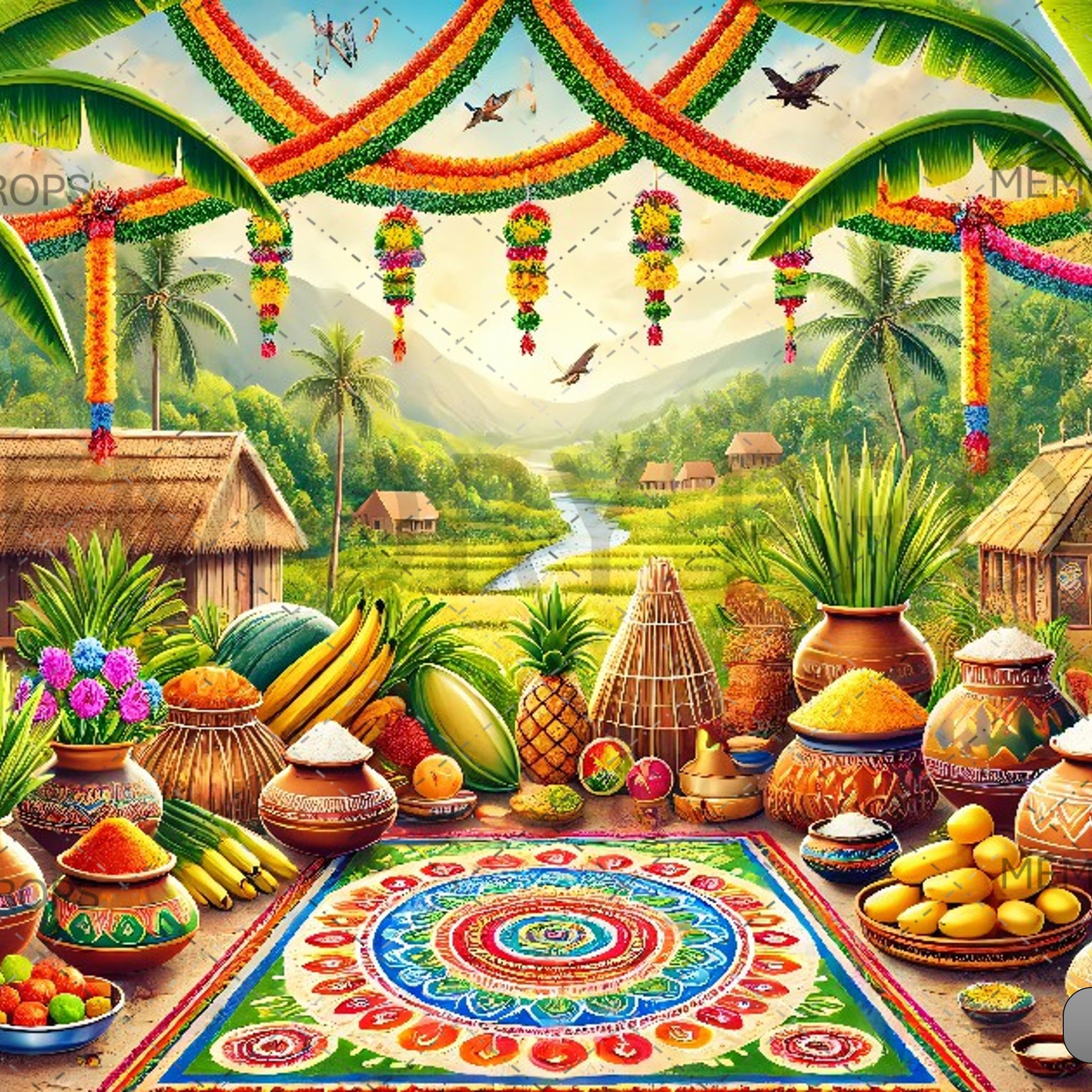 PONGAL FESTIVAL HARVEST WITH EARTHEN POTS AND RICE CROPS - PRINTED BACKDROPS