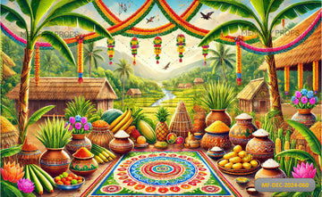 PONGAL FESTIVAL HARVEST WITH EARTHEN POTS AND RICE CROPS - PRINTED BACKDROPS