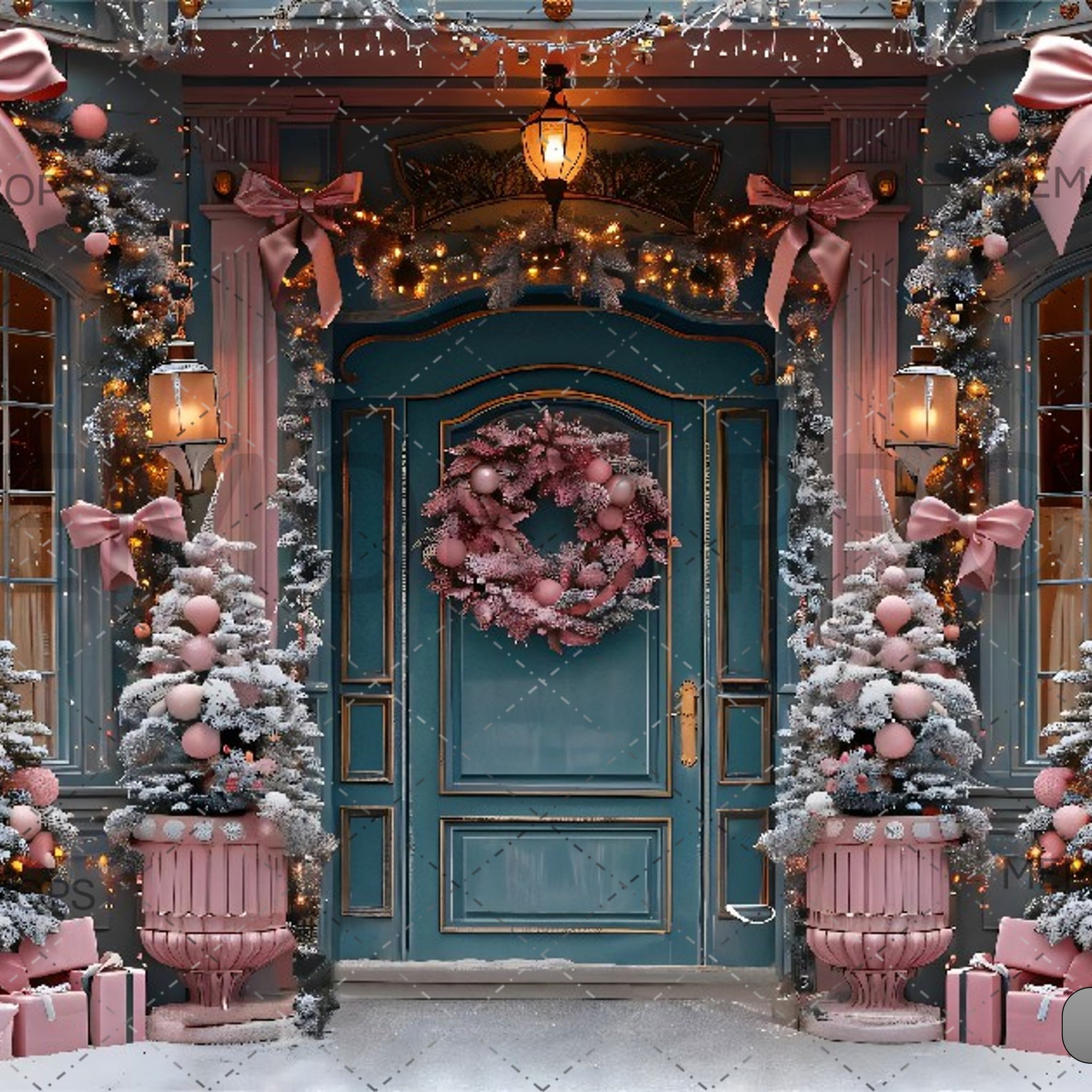 CHRISTMAS ELEGANT PINK BOW DOOR DECOR - PRINTED BACKDROPS