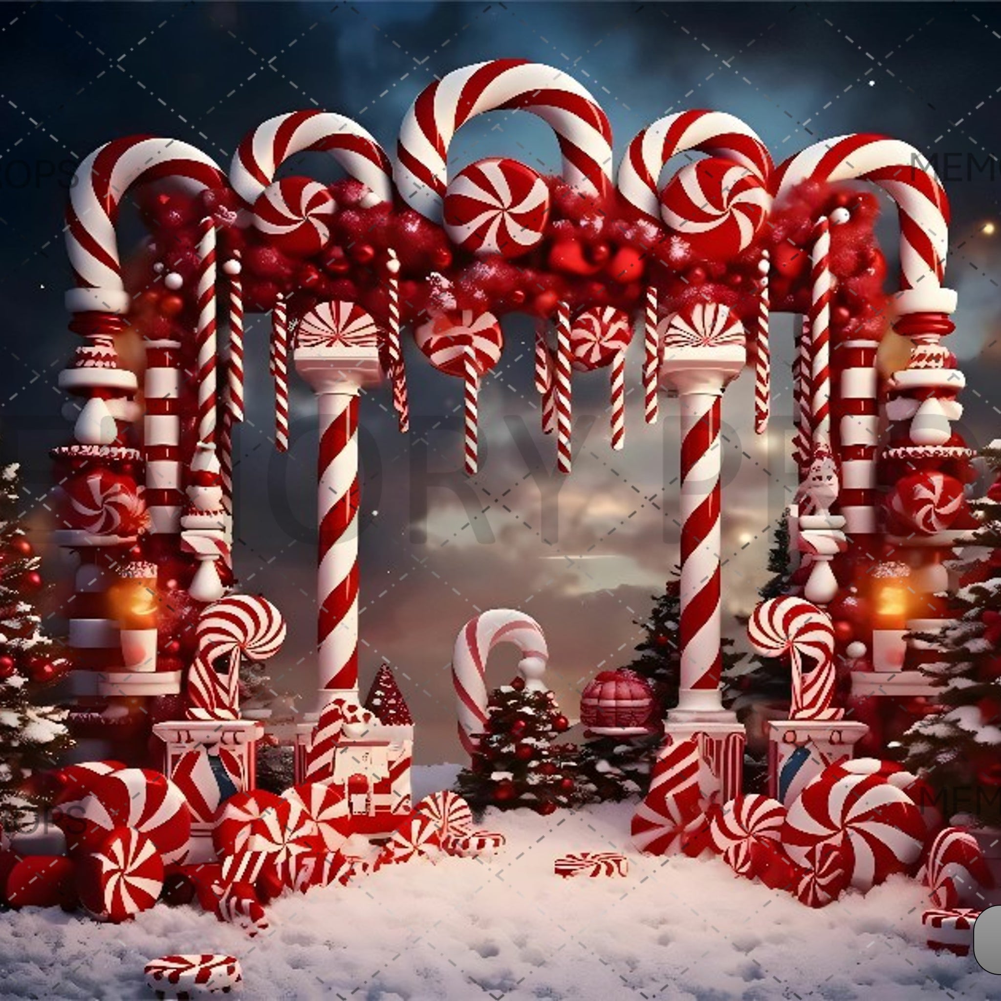 CHRISTMAS WHIMSICAL CANDY CANE ARCHWAY - PRINTED BACKDROPS