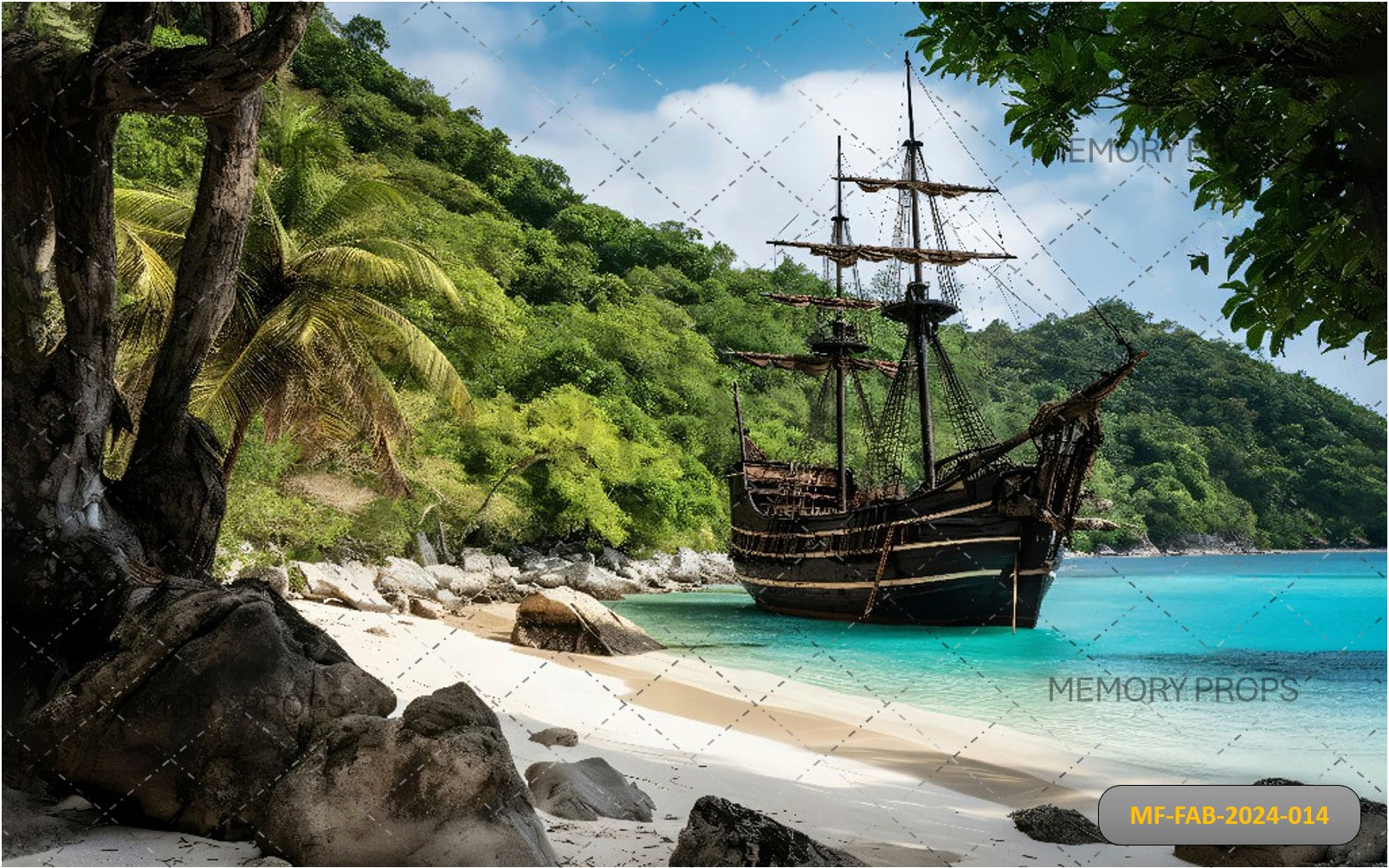 PIRATE SHIP MOORED ON ISLAND WITH TREASURE - PRINTED BACKDROPS