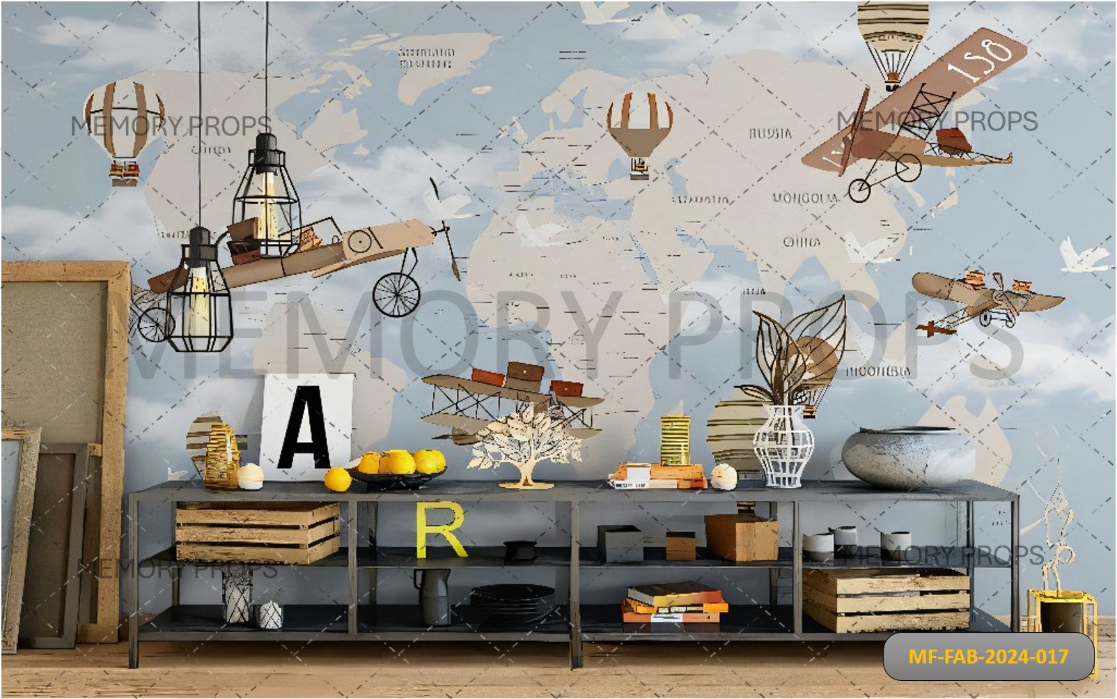 WORLD MAP WITH HOT AIR BALLOONS AND HELICOPTERS - PRINTED BACKDROPS