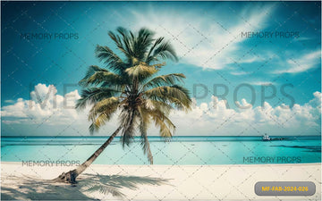 VINTAGE PALM ON A BEACH AGAINST BLUE SKY - PRINTED BACKDROPS