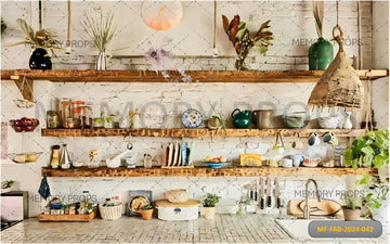 WOODEN HOME KITCHEN INTERIOR WITH COUNTER - PRINTED BACKDROPS