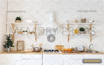 FRONT VIEW OF A KITCHEN TABLE IN BRIGHT - PRINTED BACKDROPS