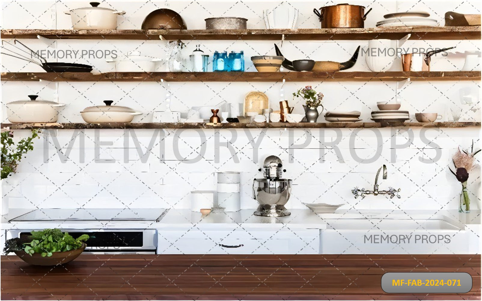 WOODEN HOME KITCHEN INTERIOR WITH COUNTER - PRINTED BACKDROPS