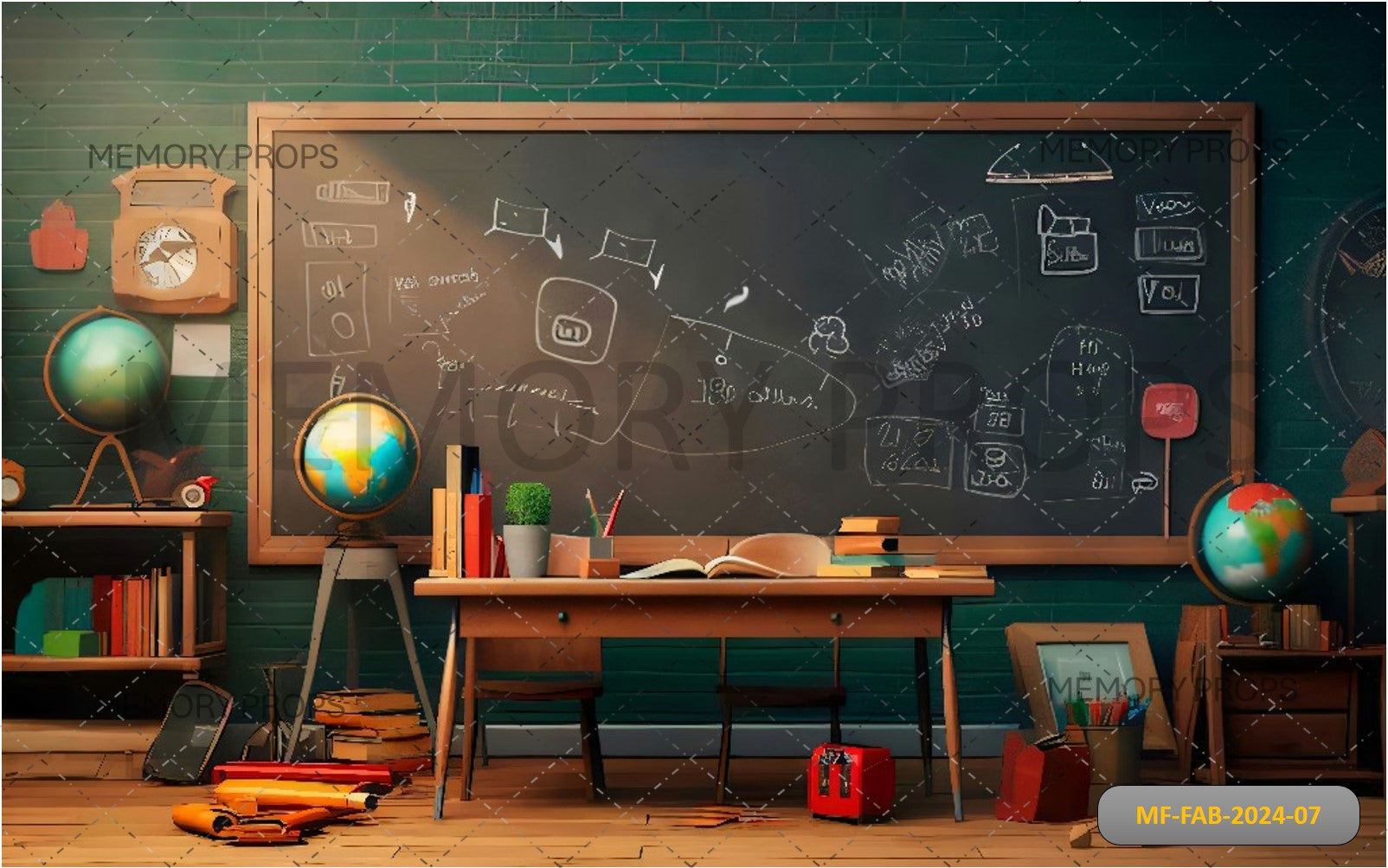 SCHOOL DESK WITH SCHOOL ACCESSORISE AND GLOSS - PRINTED BACKDROPS