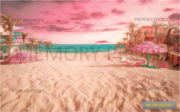 DOLL BEACH WITH UMBRELLAS AND PALM TREES - PRINTED BACKDROPS