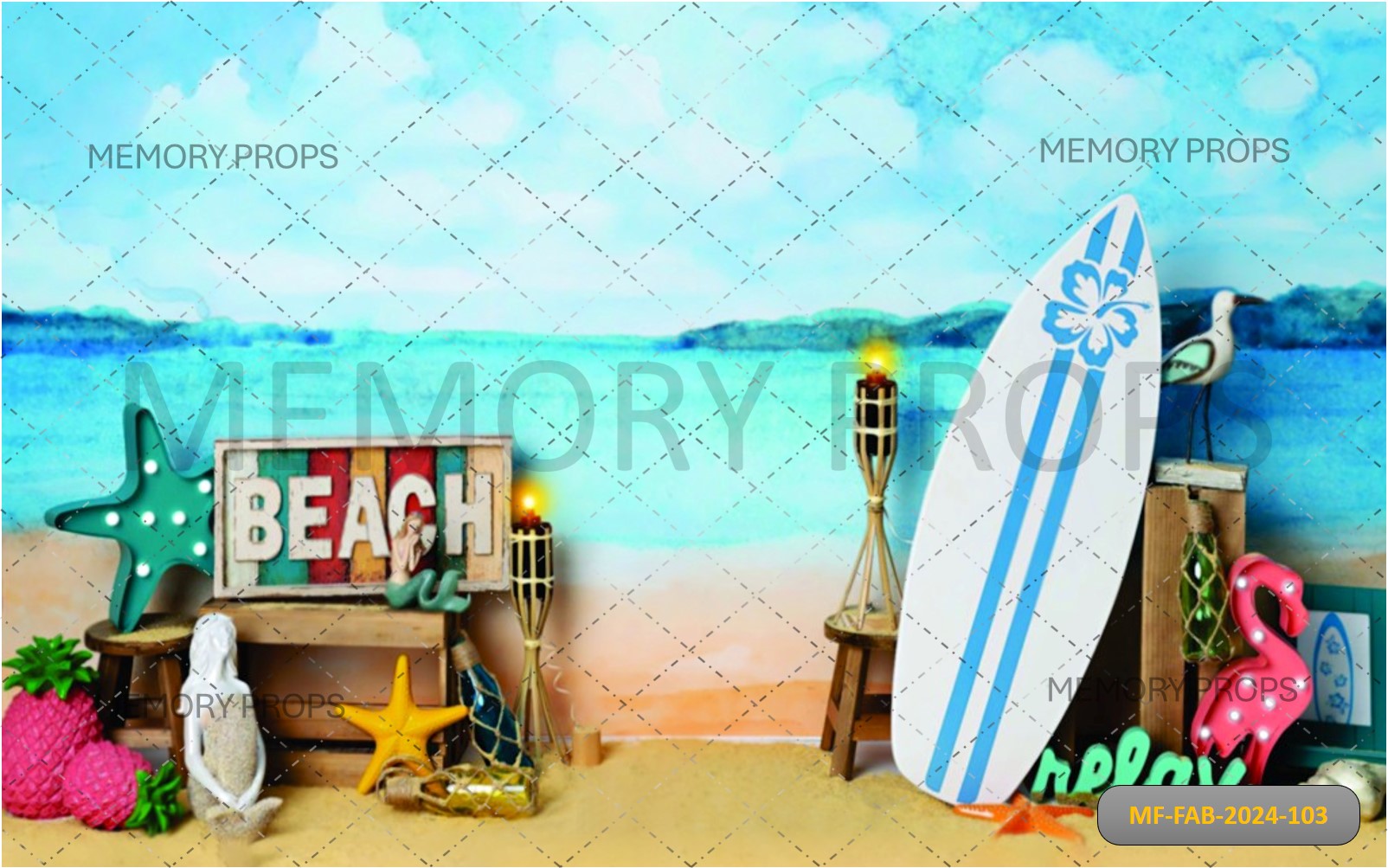 SUMMER SURFBOARD BEACH SEA BLUE SKY - PRINTED BACKDROPS