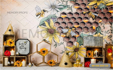 BEE AND FLOWERS IN A HEXAGON - PRINTED BACKDROPS