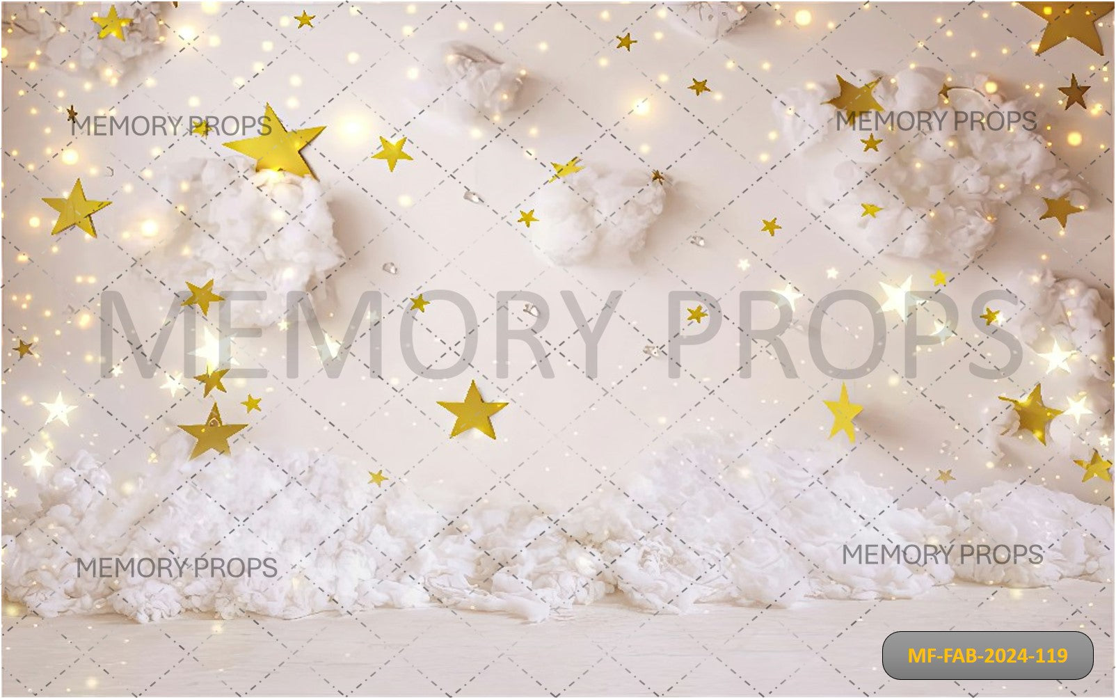 GOLD STARS WHITE COTTON CLOUDS - BABY PRINTED BACKDROPS