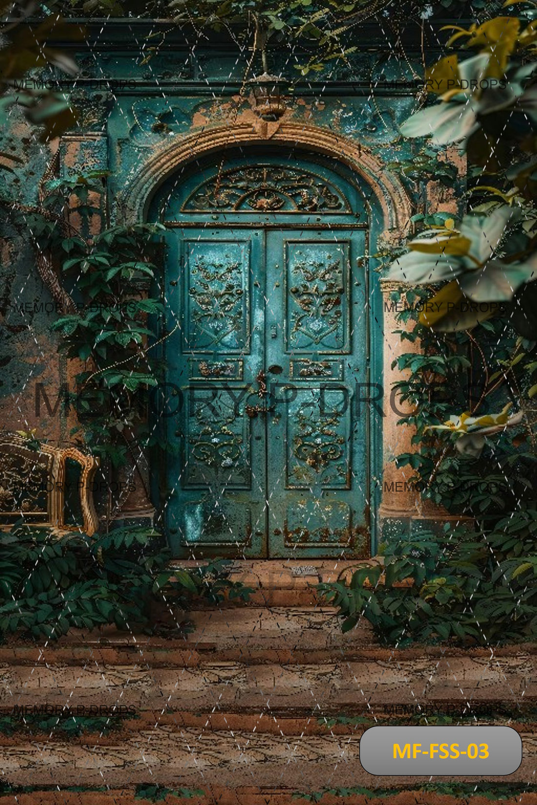 A GREEN DOOR WITH A LEAF ON THE OUTSIDE VERTICAL JOINT BACKDROPS