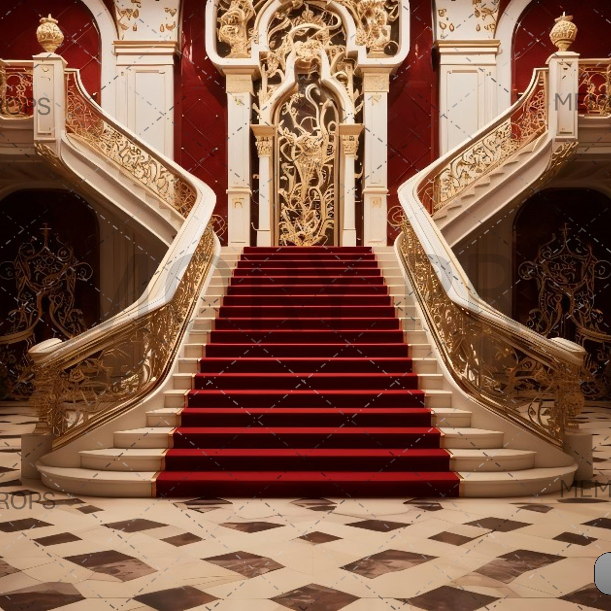 RED CARPET LEADING TO A KING THRONES INSIDE OF THE PALACE CASTLE - PRINTED BACKDROPS