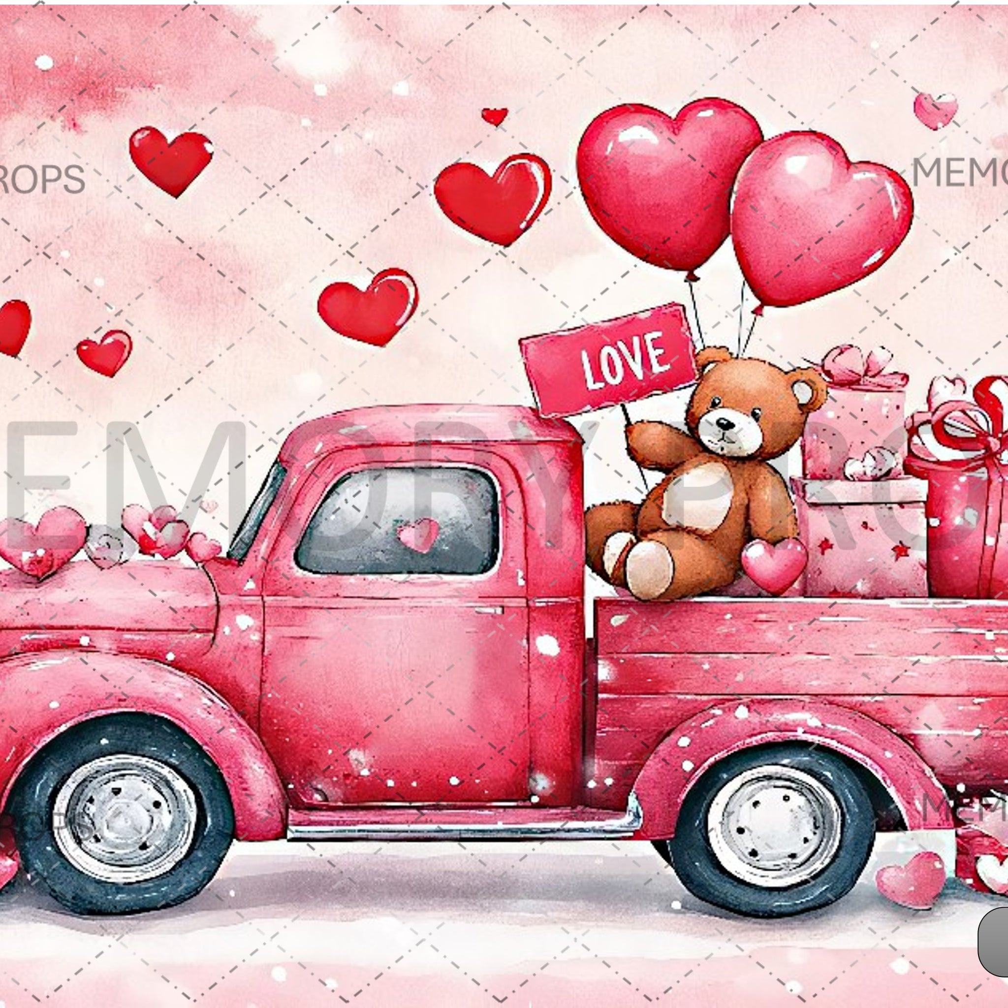 PINK TRUCK LOADED WITH TEDDY BEARS AND HEARTS - PRINTED BACKDROPS