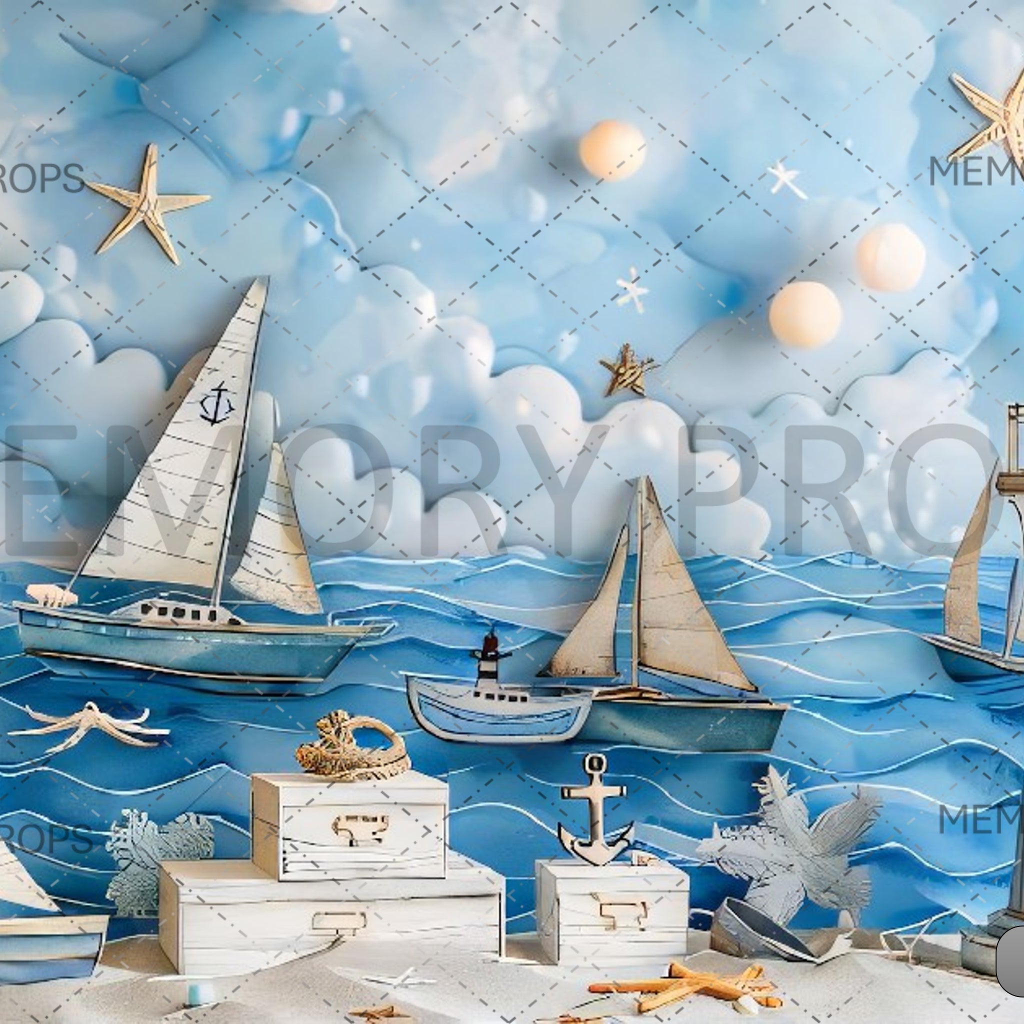 BEACH SCENE WITH A SAILBOAT - PRINTED BACKDROPS