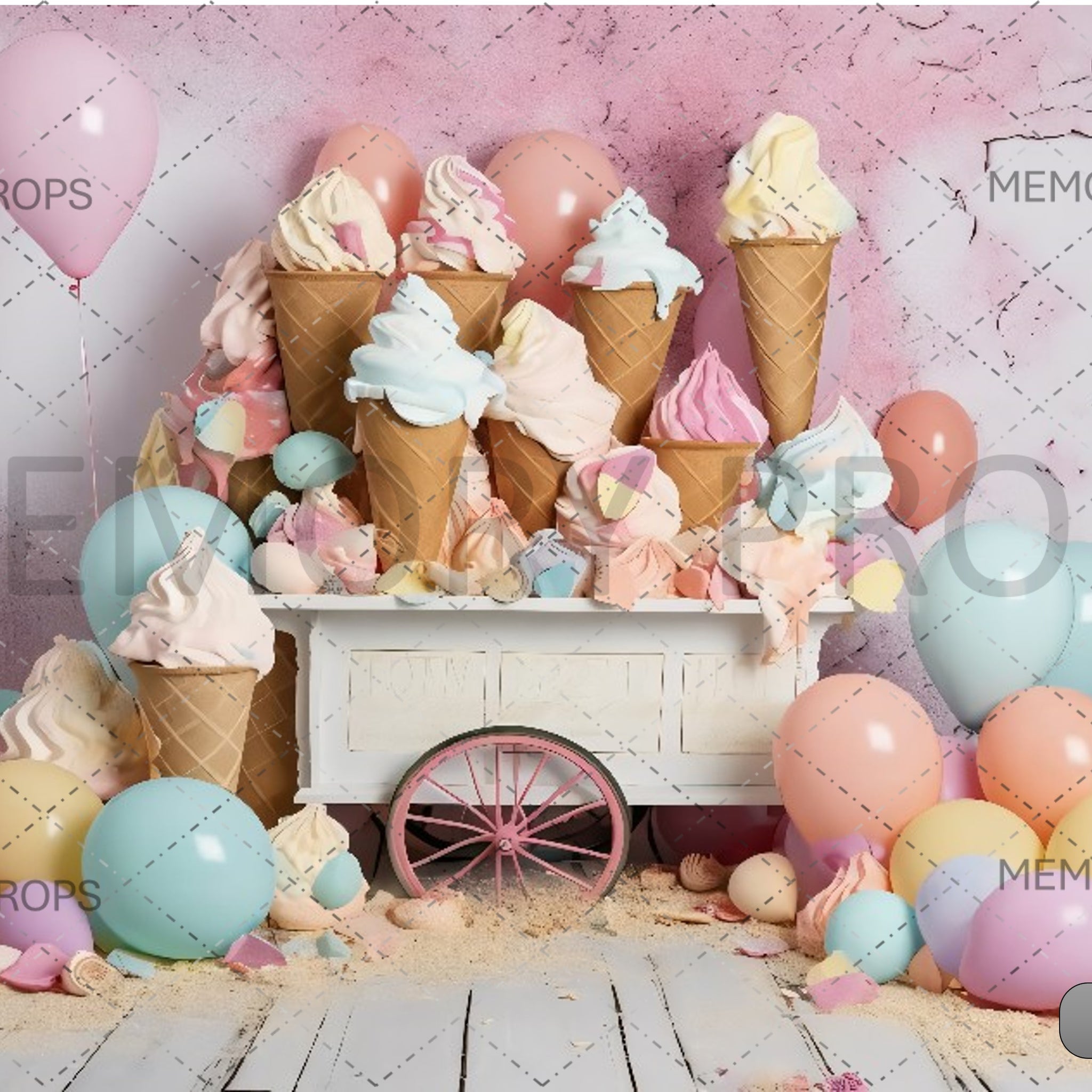 A CAKE STAND WITH A CART FULL OF ICE CREAM AND BALLOONS - PRINTED BACKDROPS