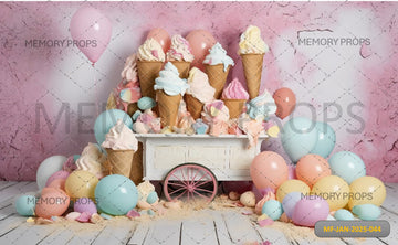 A CAKE STAND WITH A CART FULL OF ICE CREAM AND BALLOONS - PRINTED BACKDROPS