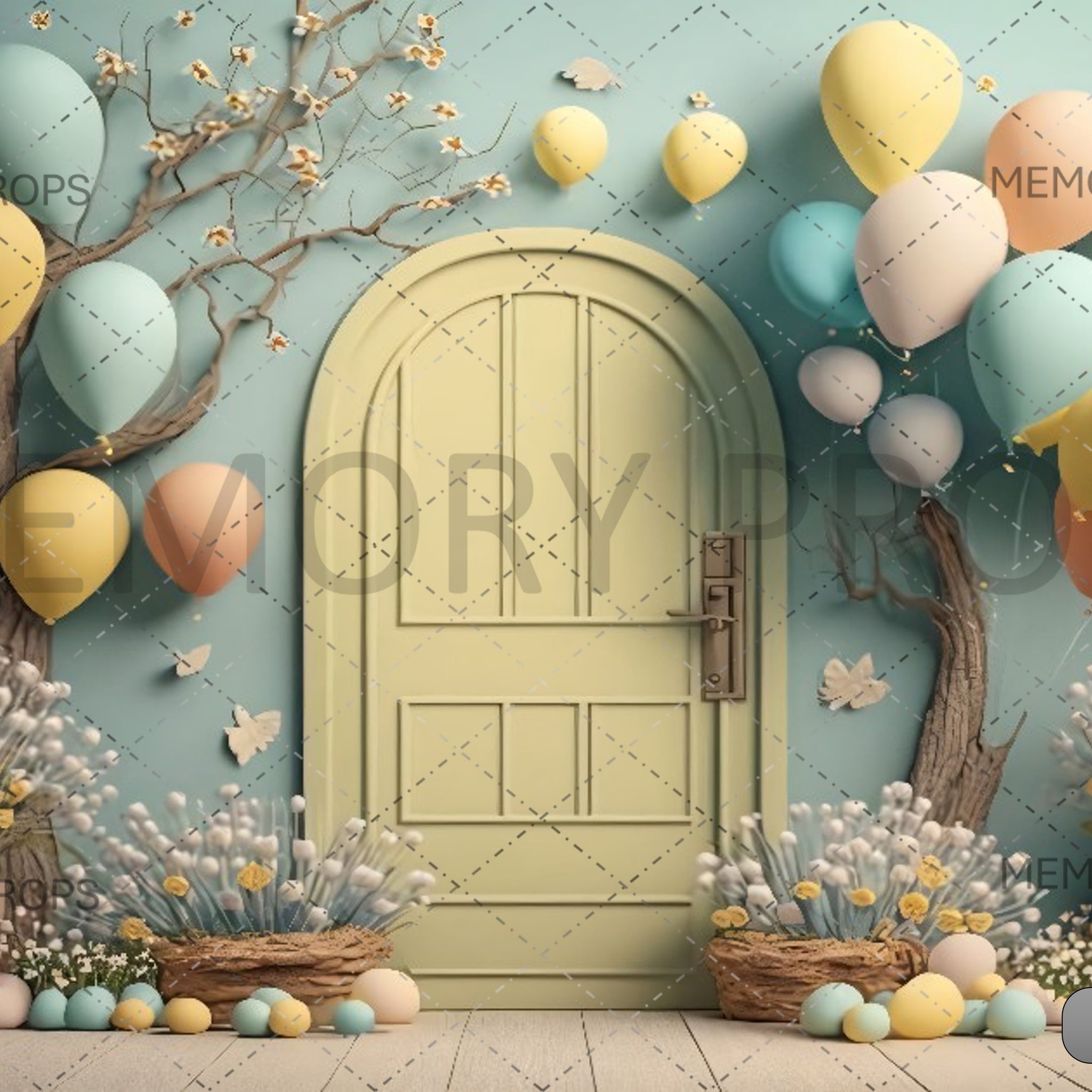 A CLOSE UP OF A DOOR WITH BALLOONS AND FLOWERS IN FRONT - PRINTED BACKDROPS