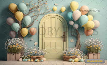 A CLOSE UP OF A DOOR WITH BALLOONS AND FLOWERS IN FRONT - PRINTED BACKDROPS