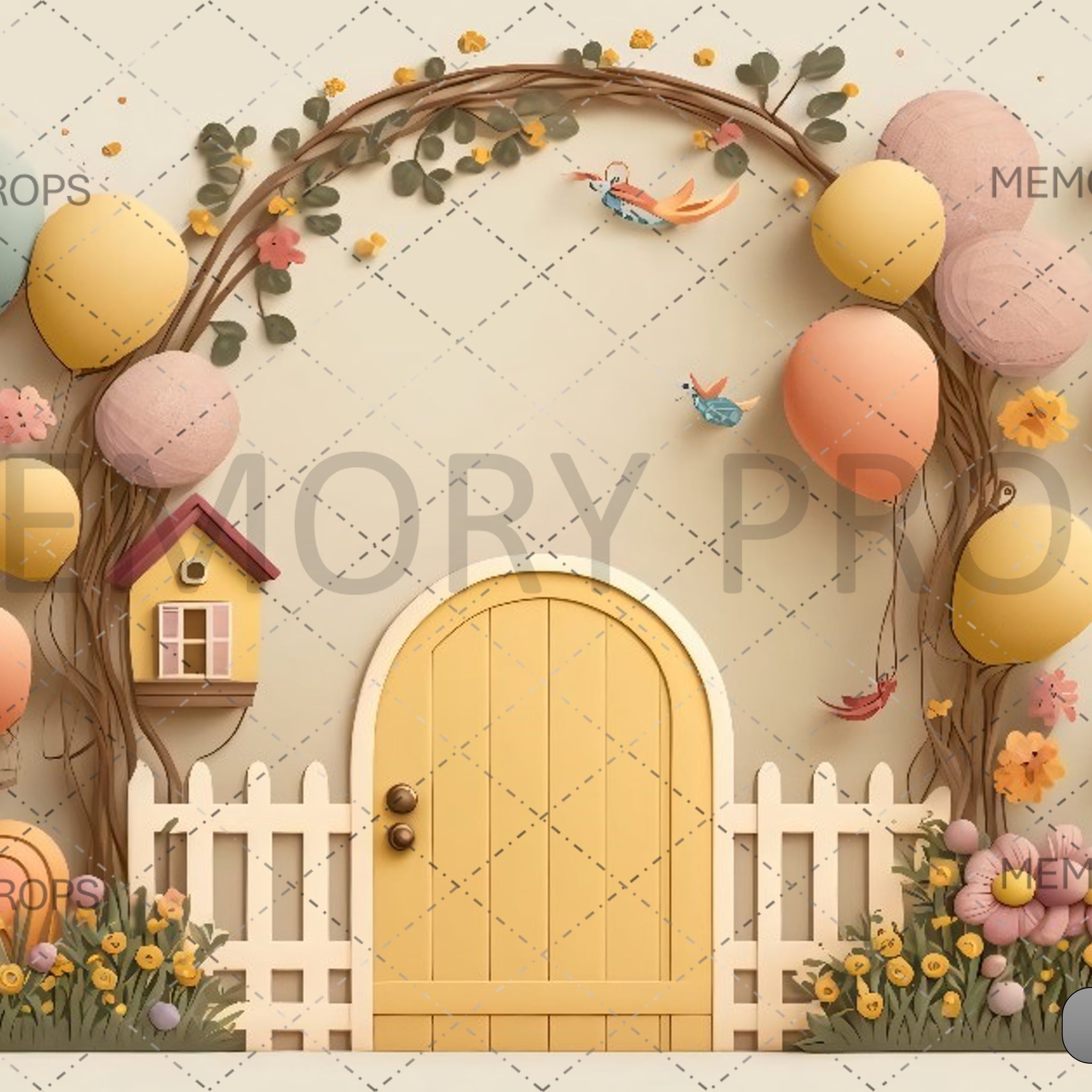 A COLOURFUL EASTER SCENE WITH A DOOR AND FENCE - PRINTED BACKDROPS