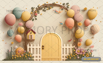 A COLOURFUL EASTER SCENE WITH A DOOR AND FENCE - PRINTED BACKDROPS