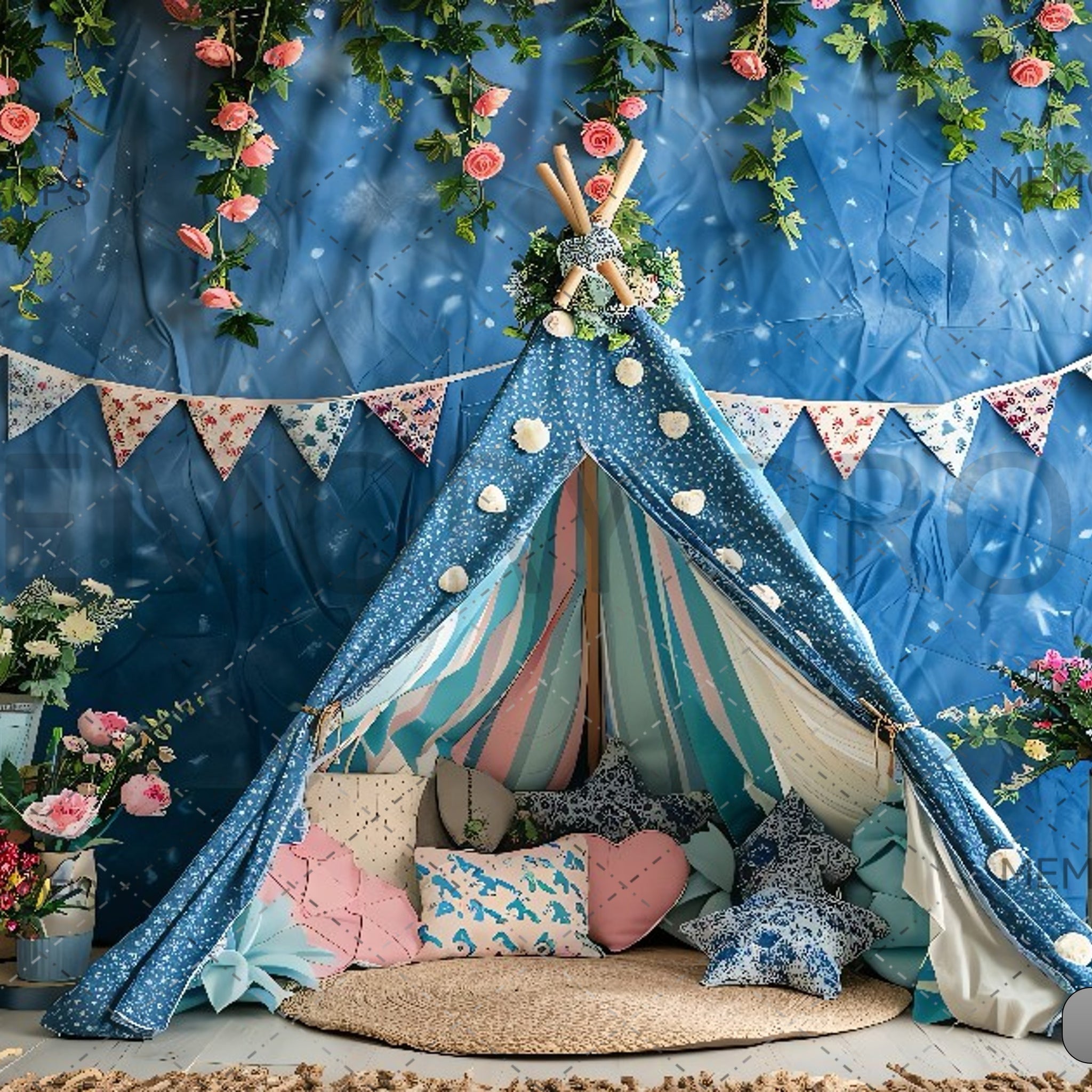 ABSTRACT BLUE TENT GREENERY FLORAL - PRINTED BACKDROPS