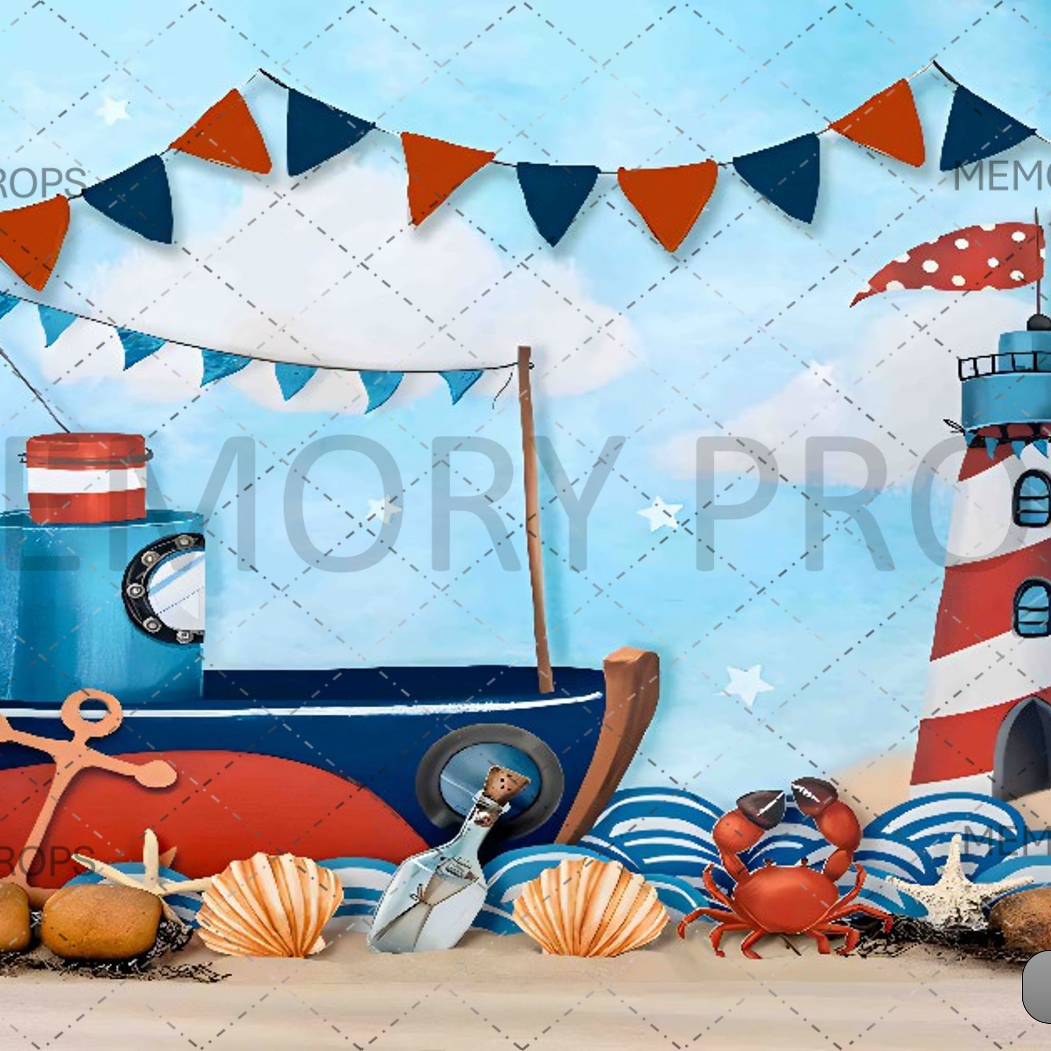 A LIGHTHOUSE WITH A SAILBOAT ON THE WATER - PRINTED BACKDROPS