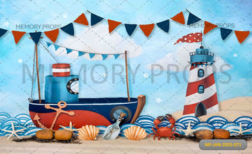 A LIGHTHOUSE WITH A SAILBOAT ON THE WATER - PRINTED BACKDROPS