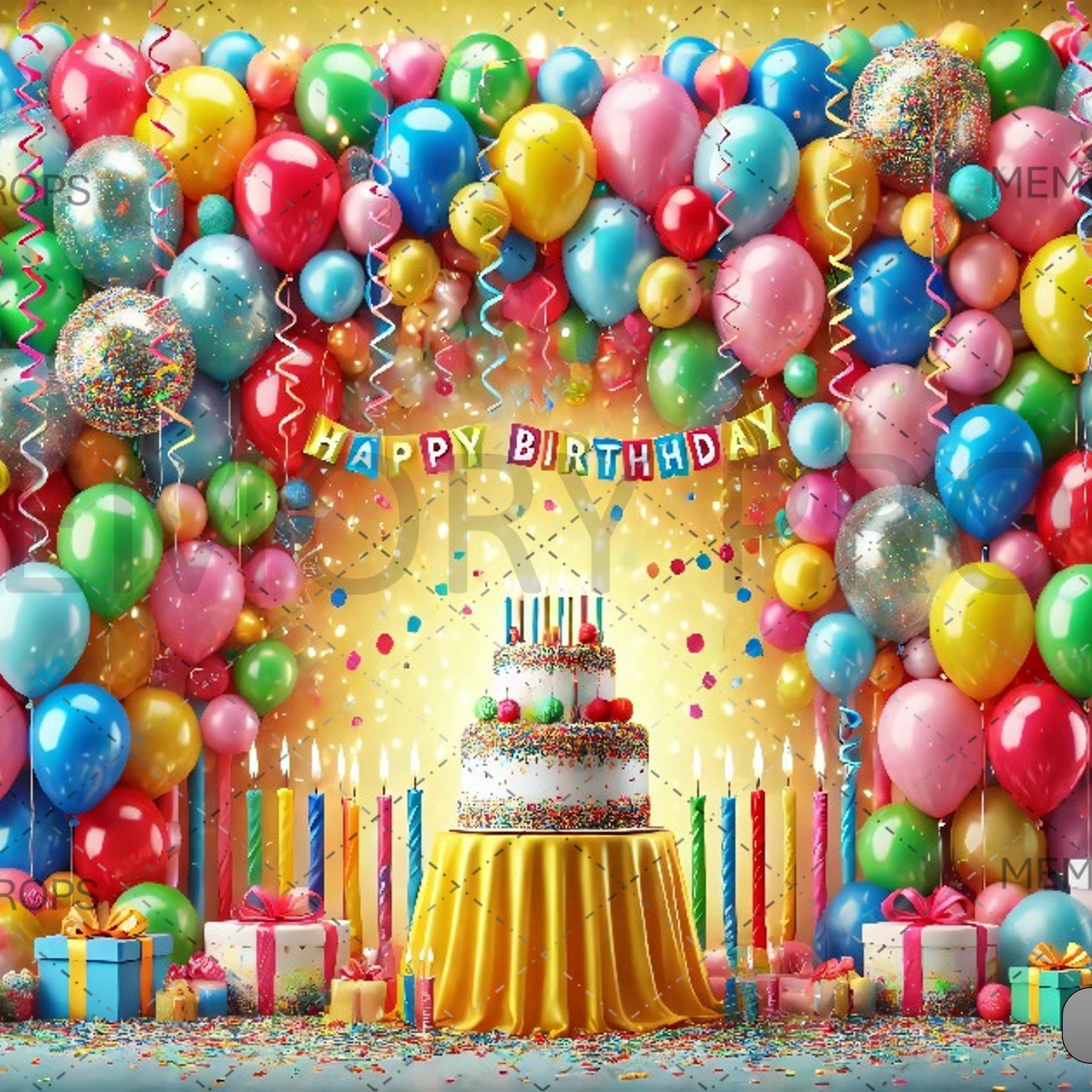 A BIRTHDAY CAKE WITH BALLOONS - PRINTED BACKDROPS