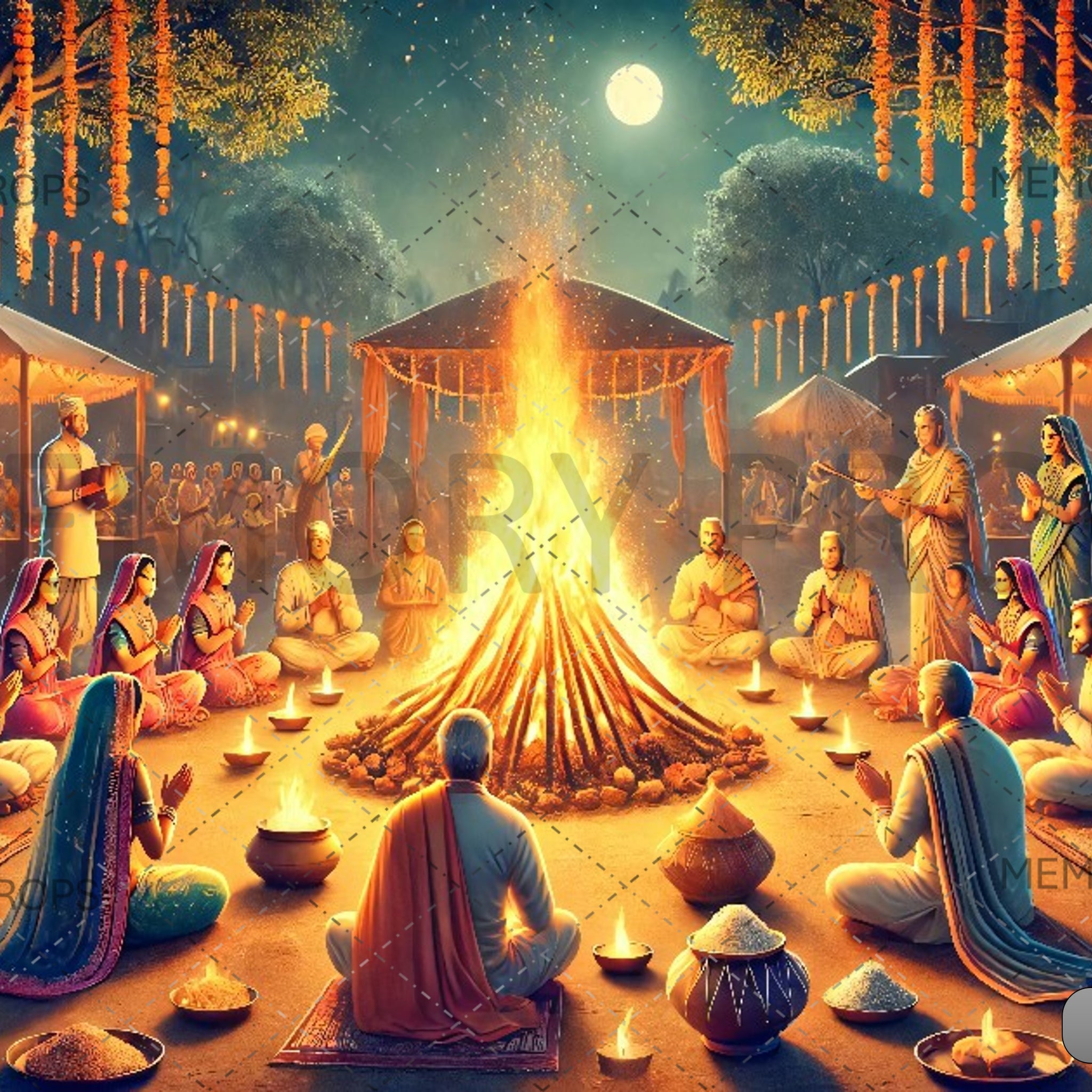 GROUP OF PEOPLE AROUND BONFIRE AT LOHRI CELEBRATION - PRINTED BACKDROPS