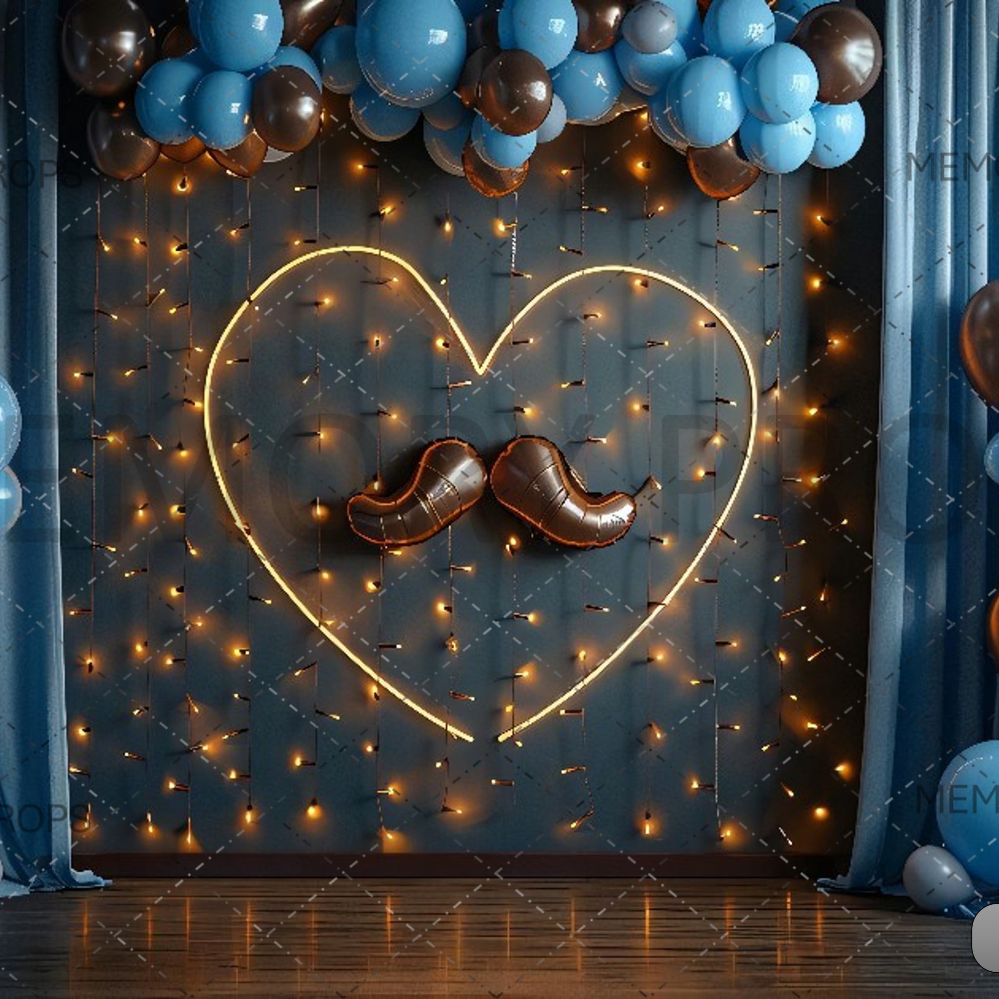 A ROOM WITH A BLUE CURTAIN AND BALLOONS AND A HEART - PRINTED BACKDROPS