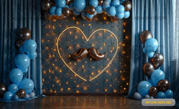 A ROOM WITH A BLUE CURTAIN AND BALLOONS AND A HEART - PRINTED BACKDROPS