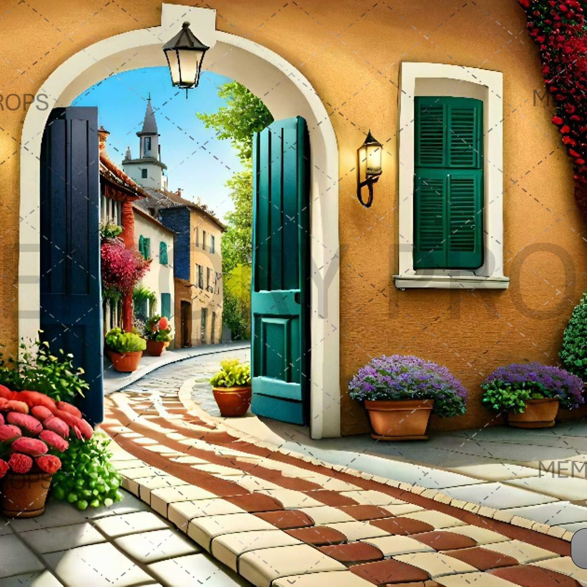 STREET WITH FLOWERS AND GREEN DOORS - PRINTED BACKDROPS