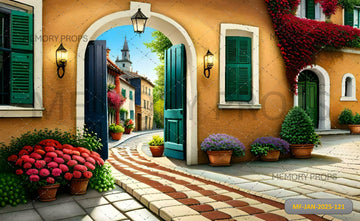 STREET WITH FLOWERS AND GREEN DOORS - PRINTED BACKDROPS