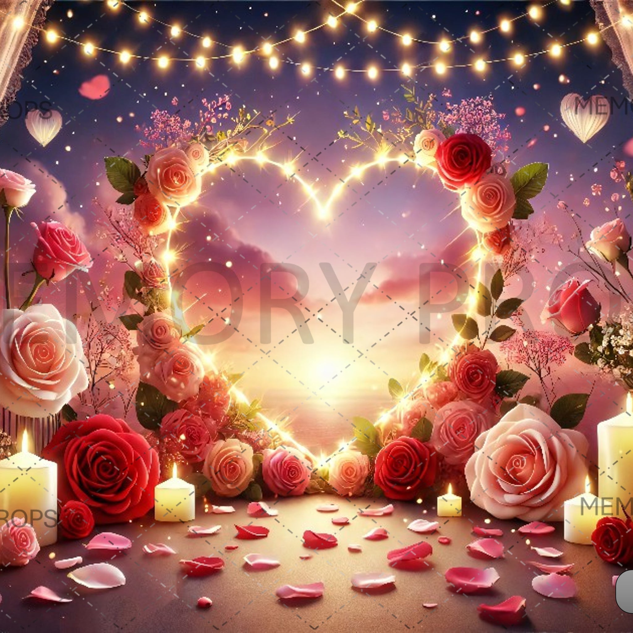 ROSE AND HEART ON  WOODEN TABLE WITH A CANDLE - PRINTED BACKDROPS