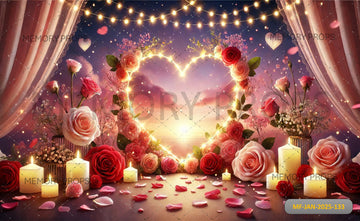 ROSE AND HEART ON  WOODEN TABLE WITH A CANDLE - PRINTED BACKDROPS