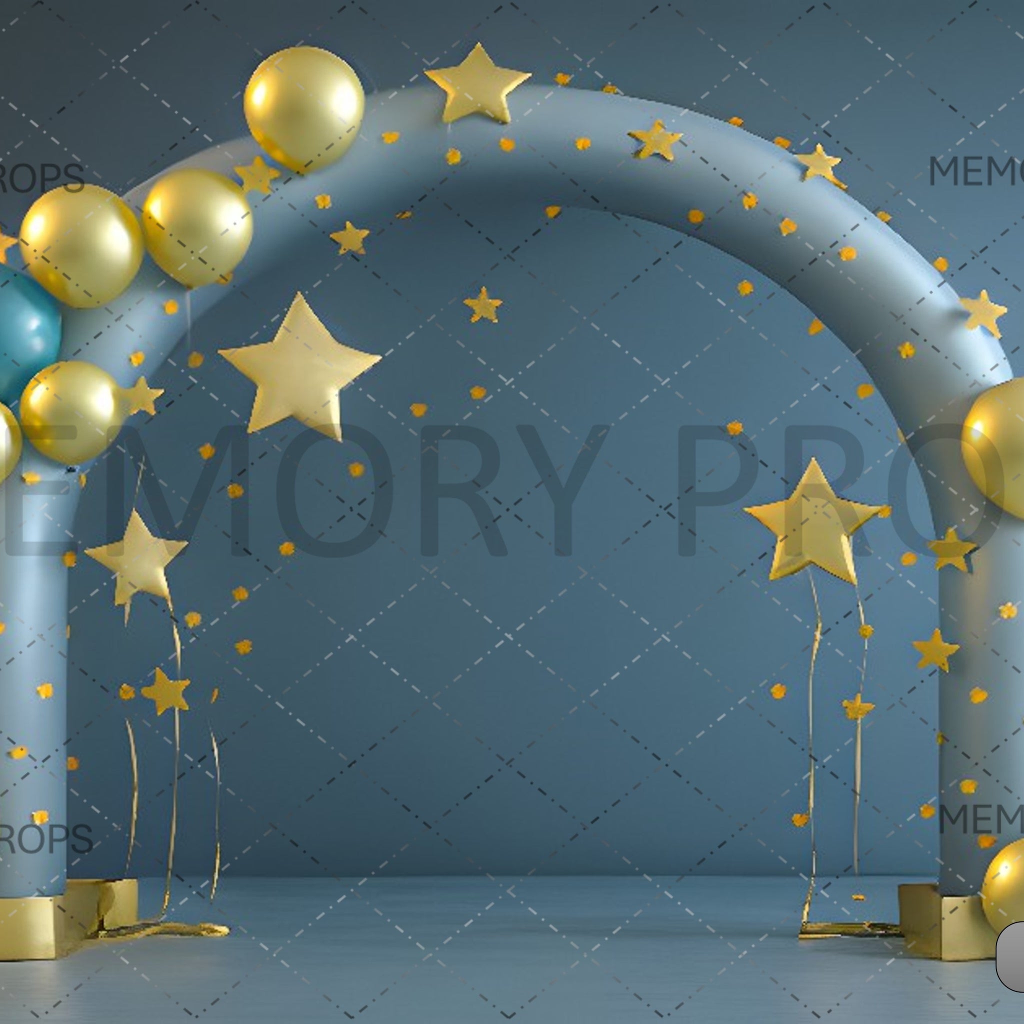 BLUE WITH GOLDEN AND SILVER BALLOONS AND ARCH - PRINTED BACKDROPS