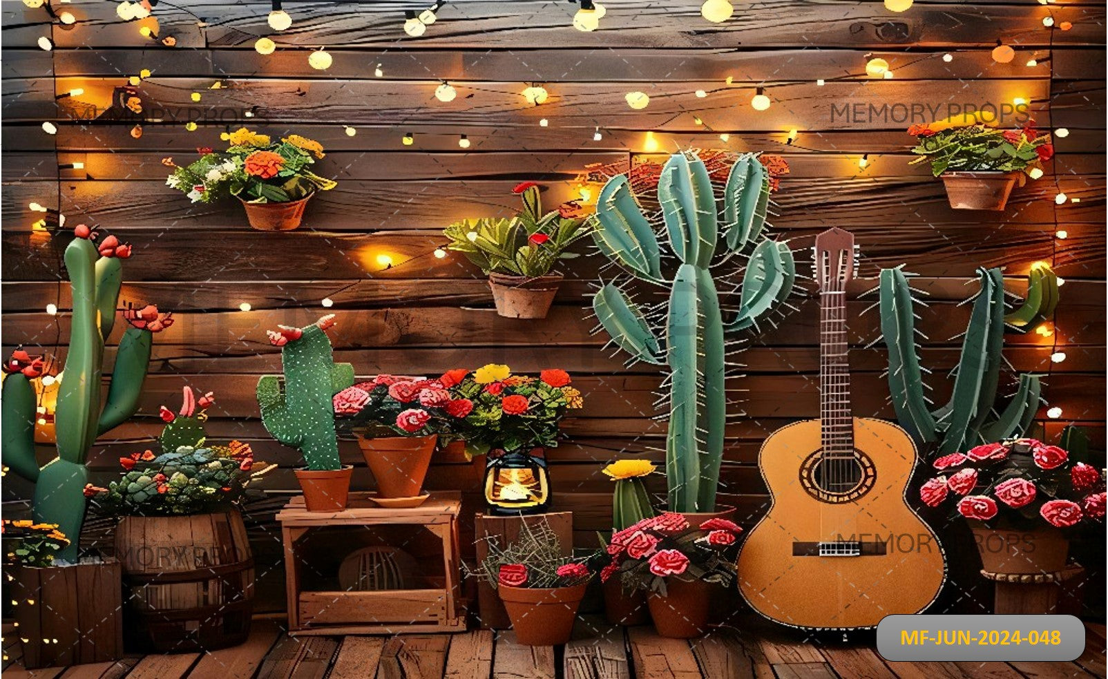 WOODEN TABLE WITH A GUITAR AND FLOWERS - PRINTED BACKDROPS