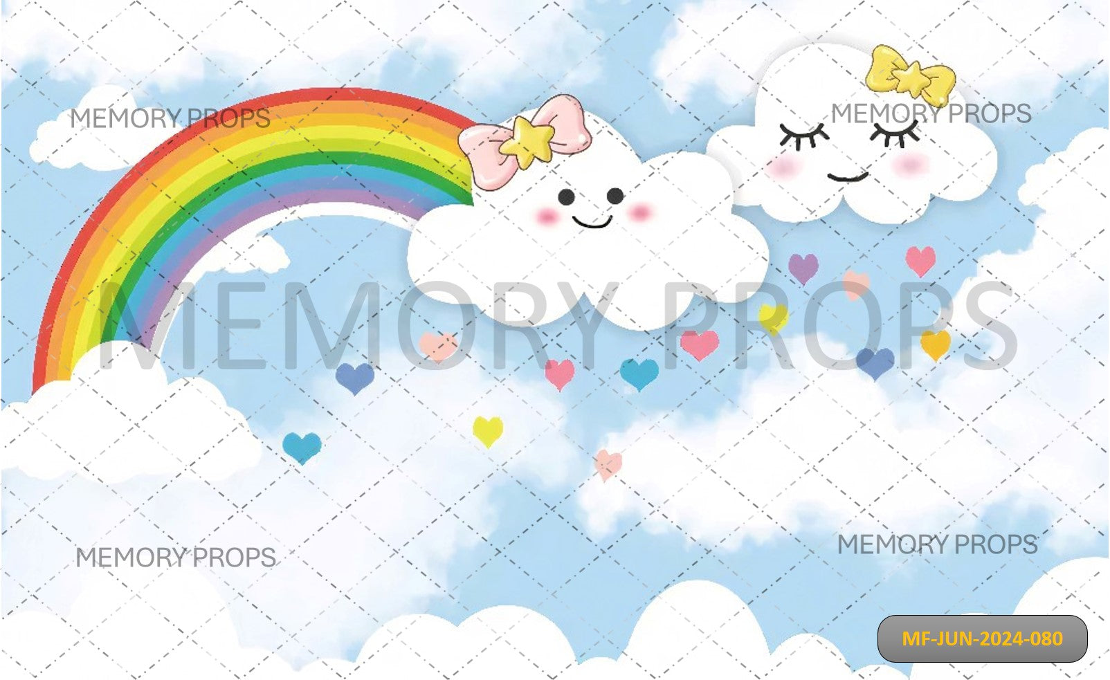 CUTE CLOUDS WITH HAPPY FACES UNDER A RAINBOW - PRINTED BACKDROPS