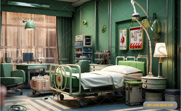 A HOSPITAL ROOM WITH A GREEN FLOOR - PRINTED BACKDROPS