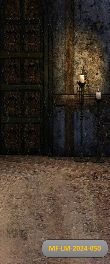 DAEK ROOM WITH DOOR AND A STONE WALL LIGHTS - PRINTED BACKDROPS