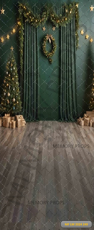 CHRISTMAS GREEN CURTAIN WITH TREE STAR DECORATION - PRINTED BACKDROPS